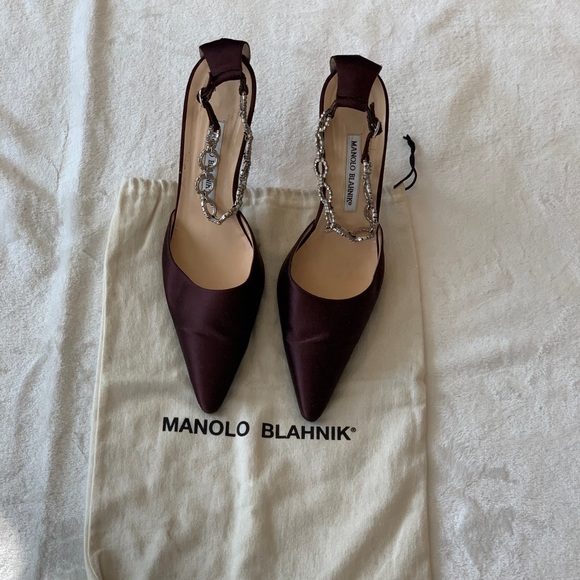 Vintage Purple Manolo Blahnik Satin Heel Pumps w/Rhinestone Ankle Strap Sz 40.5! - Picture 12 of 12